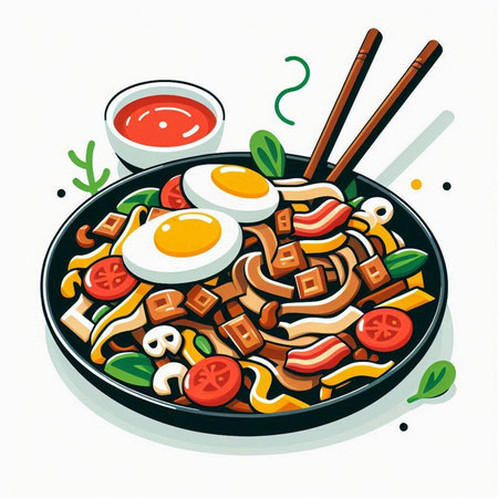 Soba noodle with pork, egg and vegetables. Vector illustration.のイラスト素材