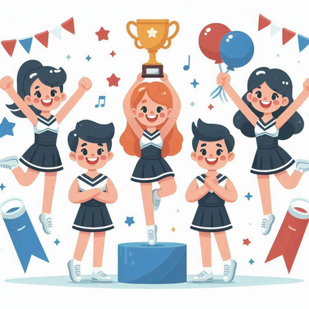 Cheerleaders and trophy. Cheerleaders vector illustration. Cheerleader character.のイラスト素材