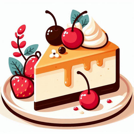 Illustration of a piece of cake with cherries and whipped creamのイラスト素材