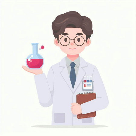 Scientist in lab coat and glasses holding flask with chemical liquid. Vector illustration.のイラスト素材