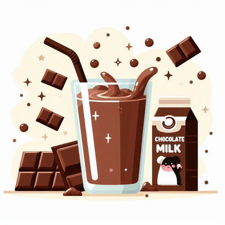 Chocolate milk drink in a glass and chocolate bars. Vector illustration.のイラスト素材