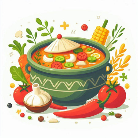 Mexican food vector illustration. Traditional mexican soup with corn, tomato, pepper, garlic, herbs.のイラスト素材