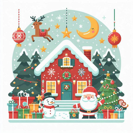 Merry Christmas and Happy New Year greeting card with Santa Claus, snowman, reindeer and house. Vector illustration.のイラスト素材