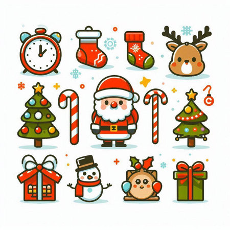 Christmas and New Year icon set. Colorful vector illustration in cartoon style.のイラスト素材