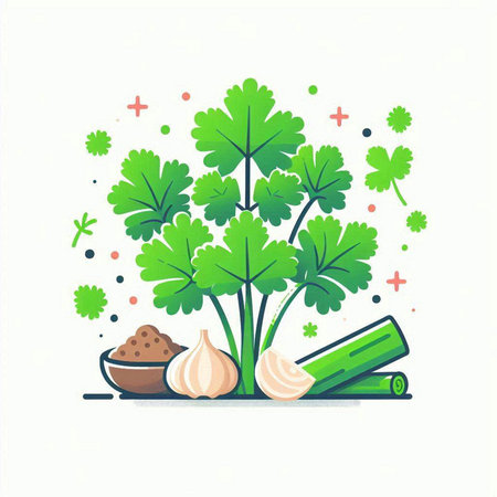 Coriander, garlic, parsley and spices. Vector illustration.のイラスト素材