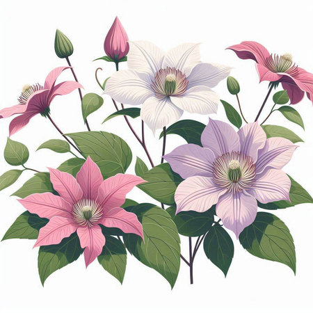 Clematis flowers isolated on white background. Hand drawn vector illustration.のイラスト素材