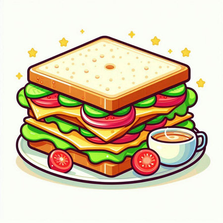 Illustration of a sandwich on a plate with a cup of coffeeのイラスト素材
