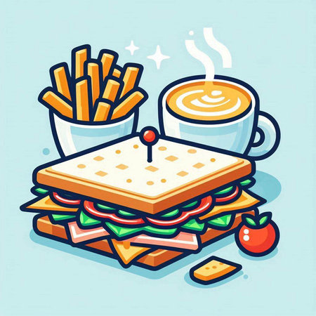Fast food vector illustration. Sandwich, french fries and hot coffee.のイラスト素材