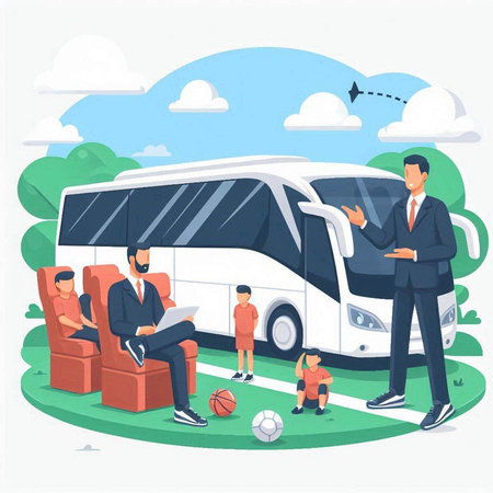 Bus tour concept. Bus travel. Vector illustration in flat cartoon styleのイラスト素材