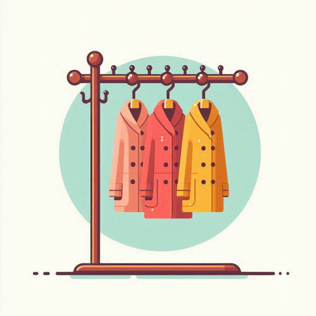 Women's coats on hangers. Vector illustration in flat style.のイラスト素材