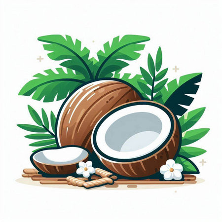 Coconut with leaves and flowers on white background. Vector illustration.のイラスト素材