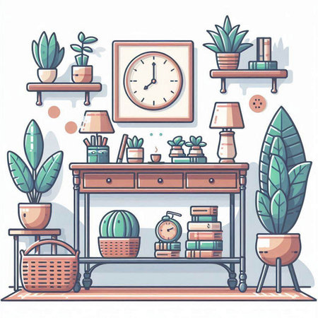 Interior of living room with bookshelves and plants. Flat style vector illustration.のイラスト素材