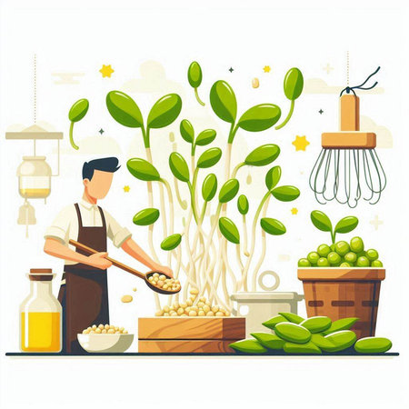 Vector illustration of a young man in apron and apron peeling soybean seedling.のイラスト素材
