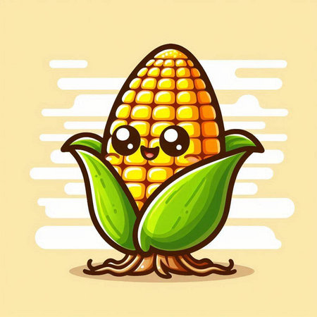 Cute corn character on yellow background. Vector cartoon style illustration.のイラスト素材