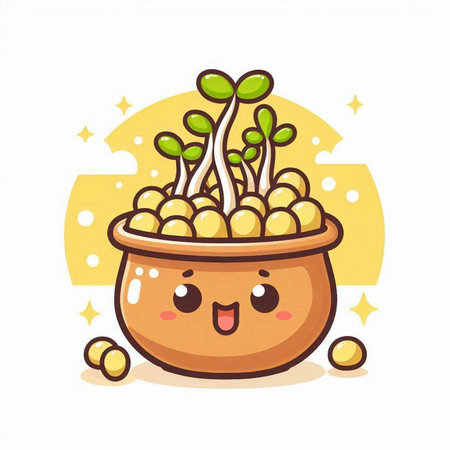 Cute chickpeas cartoon character in pot. Vector illustration.のイラスト素材