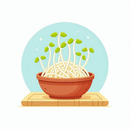 Mung bean sprouts in a clay bowl. Vector illustration.のイラスト素材