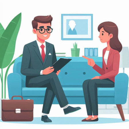 Businessman and businesswoman sitting on sofa in office and discussing something. Vector illustrationのイラスト素材