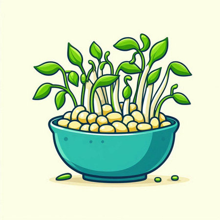 Microgreens sprouts in a blue bowl. Vector illustration.のイラスト素材