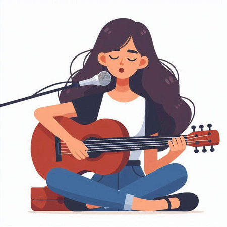 Girl playing guitar and singing. Vector illustration in flat cartoon style.のイラスト素材