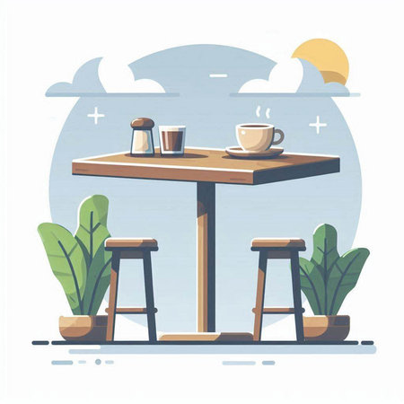 Illustration of a cafe table with chairs and coffee cups. Vector illustration.のイラスト素材