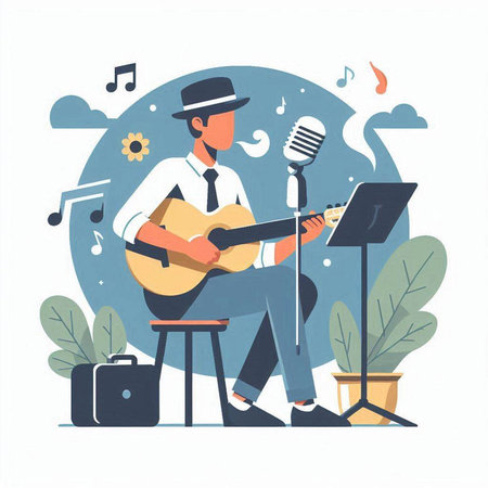 Musician playing the guitar and singing. Vector illustration in flat styleのイラスト素材