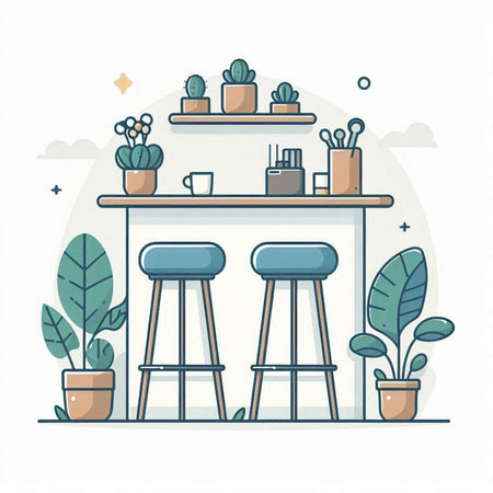 Vector illustration of modern cafe interior with furniture and plants in pots.のイラスト素材