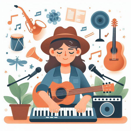 Vector illustration of a girl in a hat playing the piano and singing.のイラスト素材