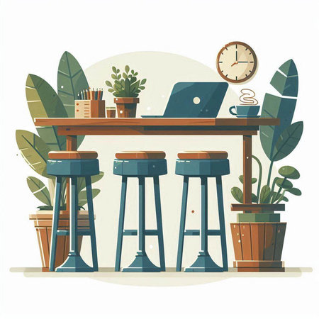 Office workplace. Workplace with desk, chair, laptop and plants. Vector illustrationのイラスト素材