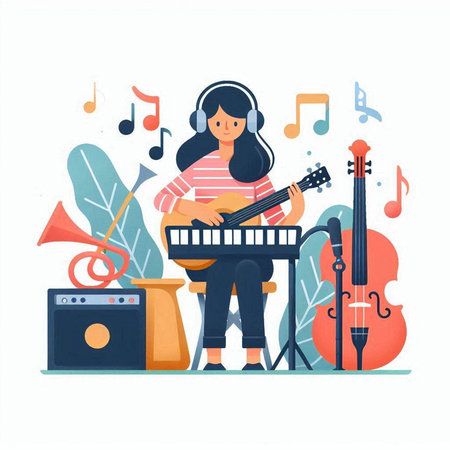 Musician girl playing on electric guitar. Music concept. Vector illustrationのイラスト素材