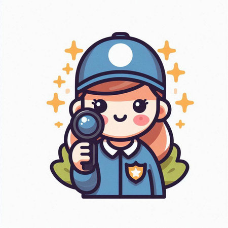 Cute detective with a magnifying glass on white background. Vector illustration.のイラスト素材