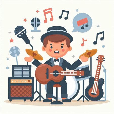 Vector illustration of a boy playing guitar and singing. Flat style.のイラスト素材