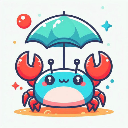 Cute crab with umbrella on the beach. Vector illustration in cartoon styleのイラスト素材