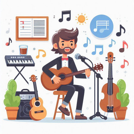 Musician man playing guitar and singing. Flat style vector illustration.のイラスト素材