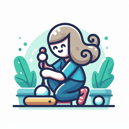 Little girl playing with a wooden toy. Vector illustration in a flat style.のイラスト素材