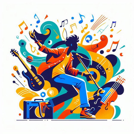 Vector illustration of a musician playing guitar and singing. Music background.のイラスト素材