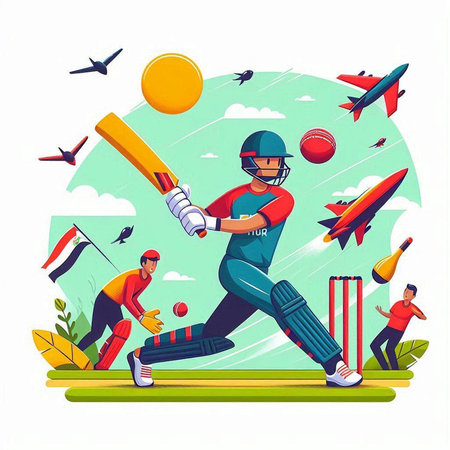 Cricket player batsman in action. Vector flat cartoon illustrationのイラスト素材
