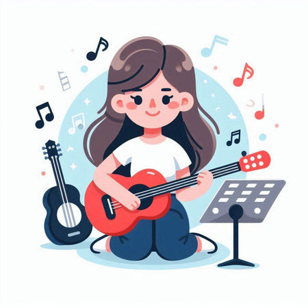 Little girl playing guitar. Cute cartoon character. Vector illustration.のイラスト素材