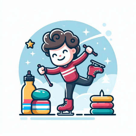 Child playing ice skating. Vector illustration in cartoon style on white background.のイラスト素材