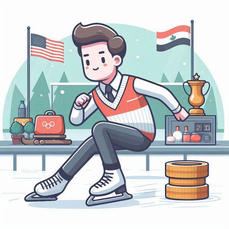 Young man skating on ice rink. Vector illustration in cartoon style.のイラスト素材