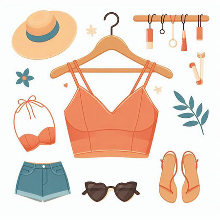 Set of summer clothes and accessories isolated on white background. Vector illustration.のイラスト素材