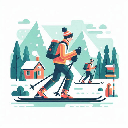 People skiing in the mountains. Vector illustration in a flat style.のイラスト素材