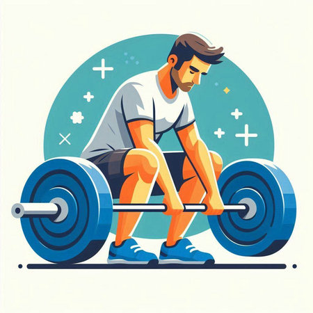Vector illustration of a man lifting a barbell in a gym.のイラスト素材