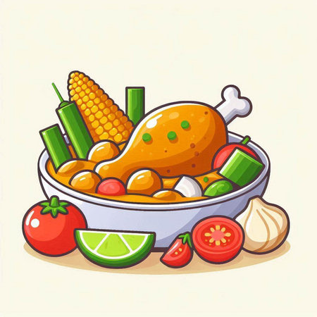 Illustration of chicken with vegetables in a bowl. Vector illustration.のイラスト素材