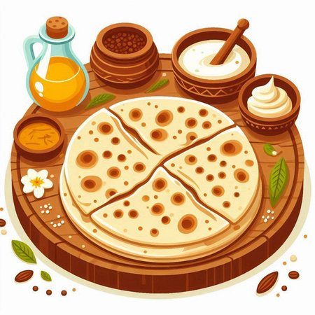 Pancakes on a wooden board. Vector illustration in cartoon style.のイラスト素材
