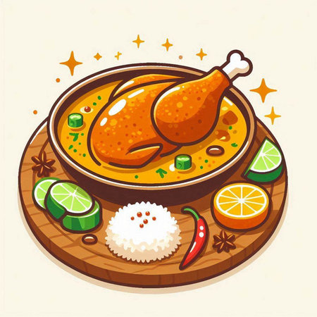 Vector illustration of chicken soup with rice and spices in cartoon style.のイラスト素材