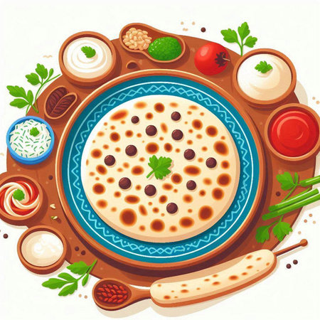 Illustration of a plate full of pancakes with sour cream and parsleyのイラスト素材