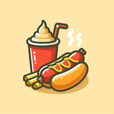 fast food vector icon, hot dog with ice cream and coffee cupのイラスト素材