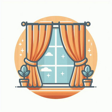 Curtains with curtains and potted plants. Vector illustration.のイラスト素材