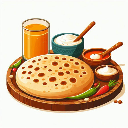 Illustration of a round pita bread with ingredients on a white backgroundのイラスト素材