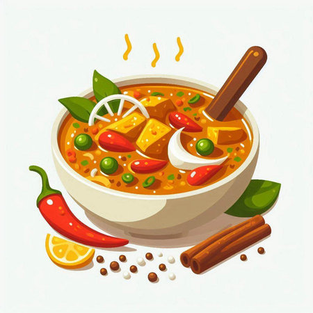 Illustration of a bowl of spicy curry with spices and herbs.のイラスト素材